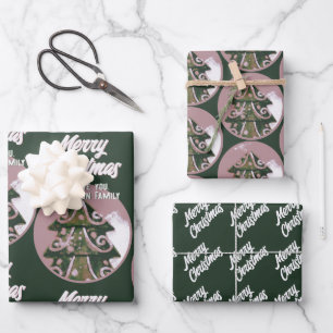 Weihnachtsbaum Artistic Green Pink Merry Script Geschenkpapier Set