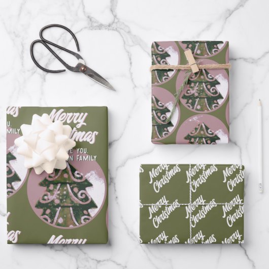 Weihnachtsbaum Artistic Green Pink Merry Script Geschenkpapier Set (Vorderseite)