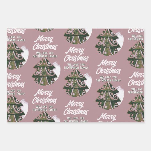 Weihnachtsbaum Artistic Green Pink Merry Script Geschenkpapier Set (Vorderseite)