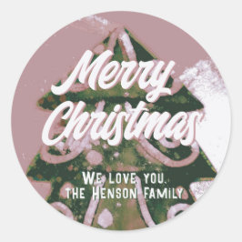 Weihnachtsbaum Artistic Green Pink Merry Script Runder Aufkleber