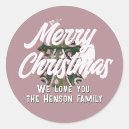 Weihnachtsbaum Artistic Green Pink Merry Script Runder Aufkleber