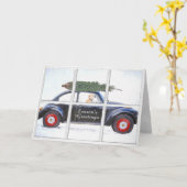 Weihnachtsbaum auf dem Auto mit Hund im Schneefens Karte (Gelbe Blume)