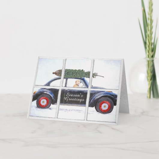 Weihnachtsbaum auf dem Auto mit Hund im Schneefens Karte (Vorderseite)