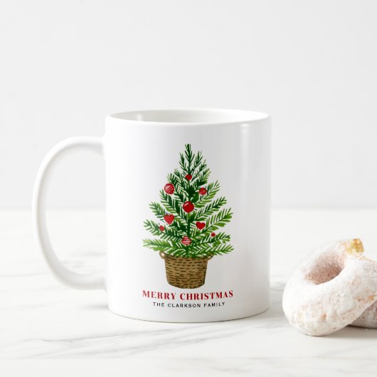 Weihnachtsbaum auf einem Wicker Korb Frohe Weihnac Kaffeetasse (Mit Donut)