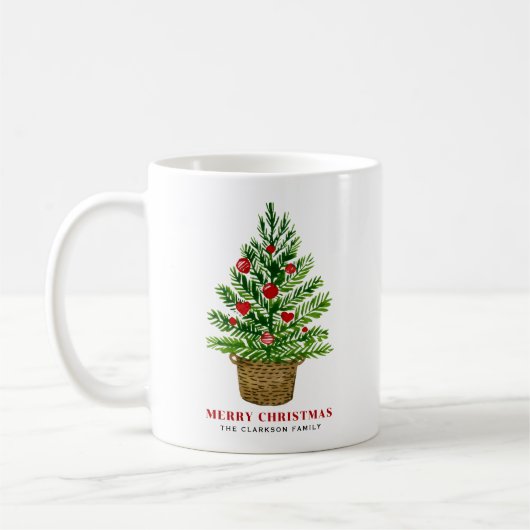 Weihnachtsbaum auf einem Wicker Korb Frohe Weihnac Kaffeetasse (Links)