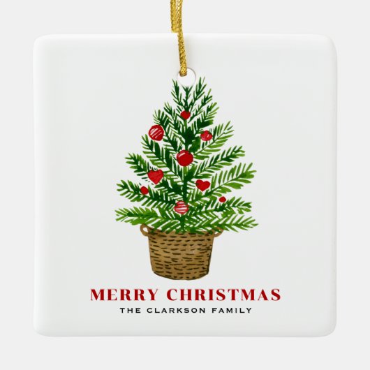 Weihnachtsbaum auf einem Wicker Korb Frohe Weihnac Keramikornament (Vorderseite)