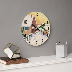 Weihnachtsbaum auf einer schneebedeckten Winterstr Große Wanduhr