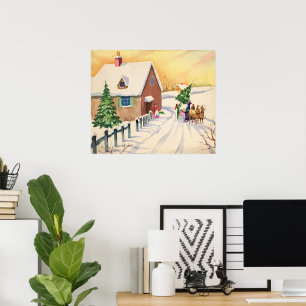 Weihnachtsbaum auf einer schneebedeckten Winterstr Poster