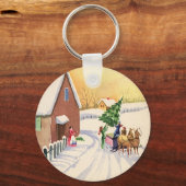 Weihnachtsbaum auf einer schneebedeckten Winterstr Schlüsselanhänger (Vorderseite)