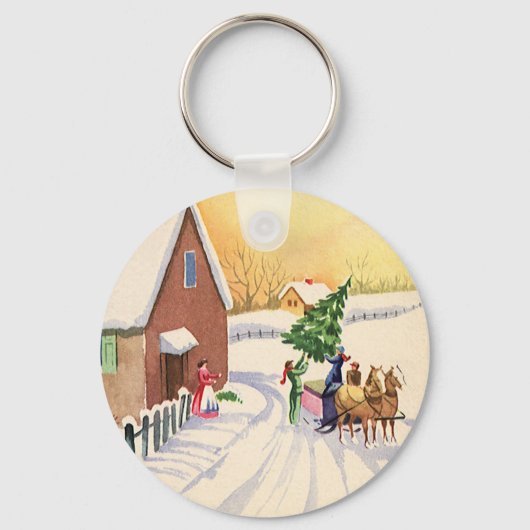 Weihnachtsbaum auf einer schneebedeckten Winterstr Schlüsselanhänger (Rückseite)