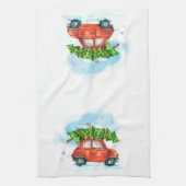 Weihnachtsbaum auf rotem Auto ikonische Retro-Scha Geschirrtuch (Vertikal)