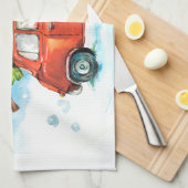 Weihnachtsbaum auf rotem Auto ikonisches Retro-Ger Geschirrtuch (Viertel Falte)