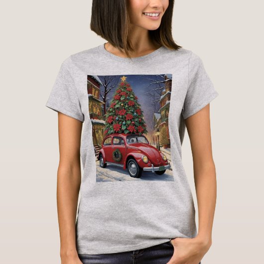 Weihnachtsbaum auf rotem Hippie-Käfer-Auto T-Shirt (Vorderseite)