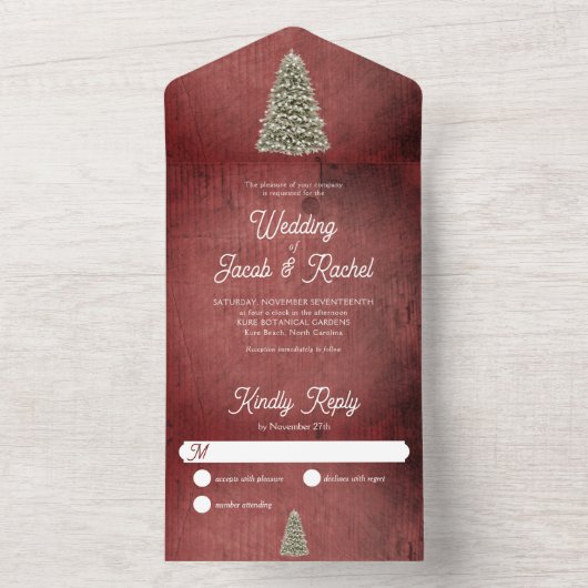 Weihnachtsbaum auf Rotem Holz Rustikale Hochzeit All In One Einladung (Innen Boden)
