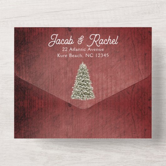 Weihnachtsbaum auf Rotem Holz Rustikale Hochzeit All In One Einladung (Rückseite)