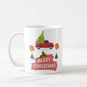 Weihnachtsbaum auf rotem LKW-Auto Kaffeetasse