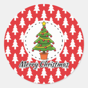 Weihnachtsbaum auf roten Pines Muster - Fröhliche Runder Aufkleber