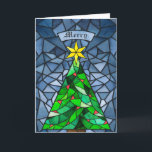 Weihnachtsbaum aus festem Glas Feiertagskarte<br><div class="desc">Diese schönen 5" x 7" gefalteten Weihnachtskarten sind mit einem handgefertigten, farbigen Glas aus Aquarell ausgestattet, das einen Weihnachtsbaum mit einem goldenen Stern mit roten Ornamenten und einem Hintergrund in Blautönen aufweist. Der bearbeitbare Gruß ist "Fröhlich". Der Rücken hat die bearbeitbare Botschaft: "Wünschen Sie Ihnen Frieden, Liebe und Freude in...</div>