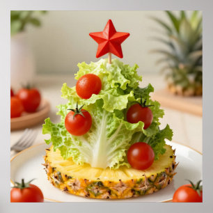 Weihnachtsbaum aus Gemüse, Salatblättern und Kirsc Poster