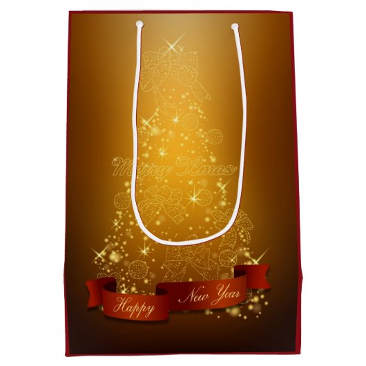 Weihnachtsbaum aus Gold mit Laternen und Bögen Mittlere Geschenktüte (Rückseite)