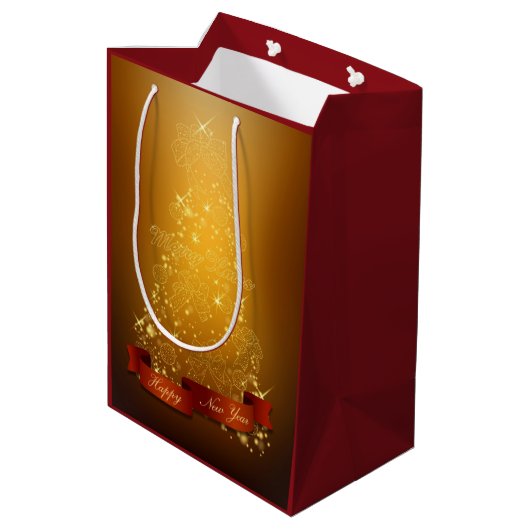 Weihnachtsbaum aus Gold mit Laternen und Bögen Mittlere Geschenktüte (Rückseite Schrägansicht)