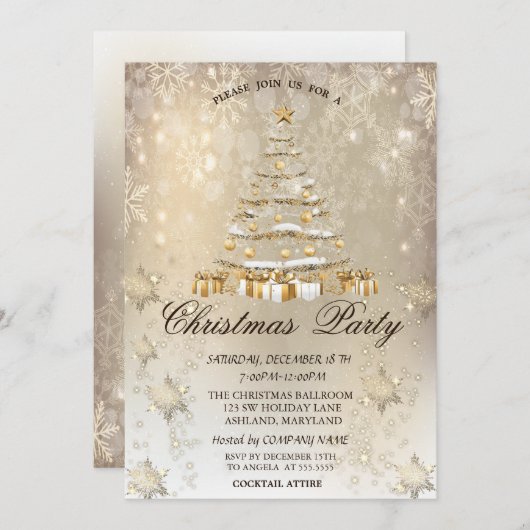 Weihnachtsbaum, Bälle, Schneeflocken Weihnachten Einladung (Vorne/Hinten)