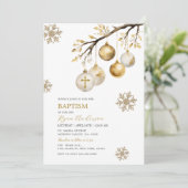Weihnachtsbaum Baubles Gold Schneeflocken Taufe Einladung (Stehend Vorderseite)