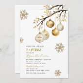 Weihnachtsbaum Baubles Gold Schneeflocken Taufe Einladung (Vorne/Hinten)