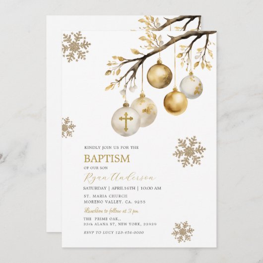 Weihnachtsbaum Baubles Gold Schneeflocken Taufe Einladung (Vorne/Hinten)