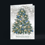Weihnachtsbaum Baubles Polnisch Feiertagskarte<br><div class="desc">Luxuriös dekorierte Weihnachtsbaume voll von blauen,  silbernen und goldenen Bauern. Hintergrund ist ein silberner Glitzer-Effekt. Der polnische Text vorne sagt: Frohe Weihnachten. Auch in Polnisch: Frohe Weihnachten und ein glückliches Neues Jahr.</div>