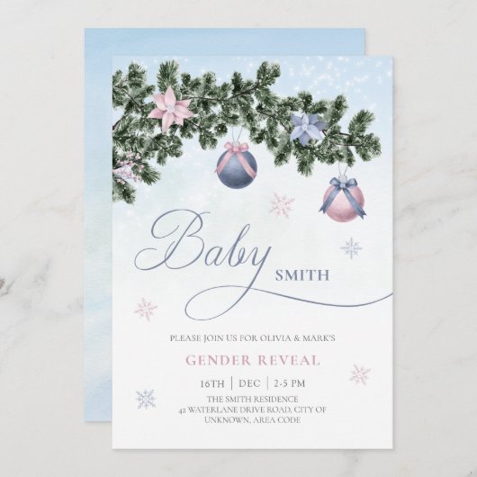 Weihnachtsbaum Baubles Winter Gender Reveal Einladung (Vorne/Hinten)