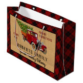 Weihnachtsbaum-Bauernhof-Vintager LKW-rotes Große Geschenktüte (Vorderseite Schrägansicht)