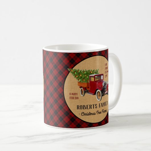 Weihnachtsbaum-Bauernhof-Vintager LKW-rotes Kaffeetasse (VorderseiteRechts)