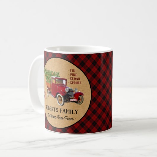 Weihnachtsbaum-Bauernhof-Vintager LKW-rotes Kaffeetasse (Vorderseite Links)