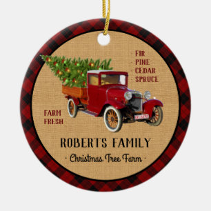 Weihnachtsbaum-Bauernhof-Vintager LKW-rotes Keramik Ornament