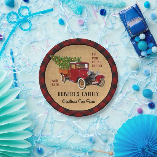 Weihnachtsbaum-Bauernhof-Vintager LKW-rotes Pappteller (Party)