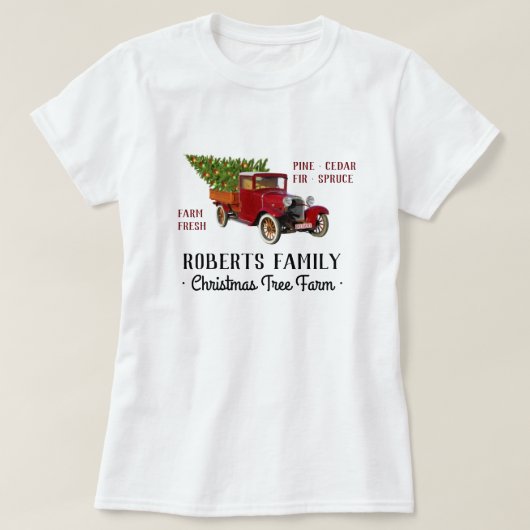 Weihnachtsbaum-Bauernhof-Vintager roter T-Shirt (Design vorne)
