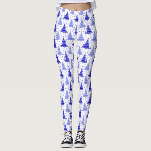 Weihnachtsbaum Blue Periwinkle Muster Design Leggings (Vorderseite)
