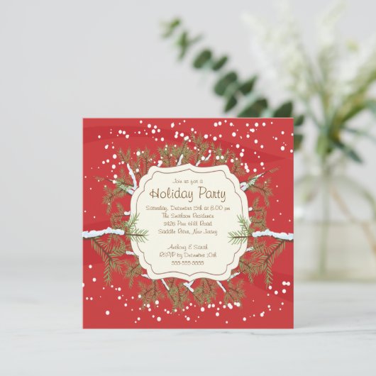 Weihnachtsbaum-Branch-Schneeflocken-Feier Einladung (Stehend Vorderseite)