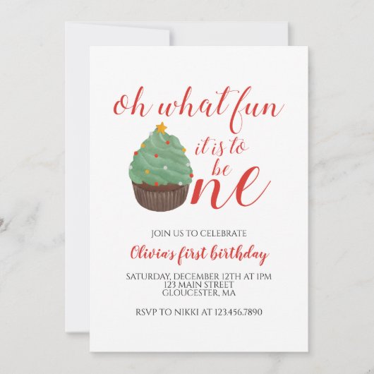 Weihnachtsbaum Cupcake Erster Geburtstag Einladung (Vorderseite)