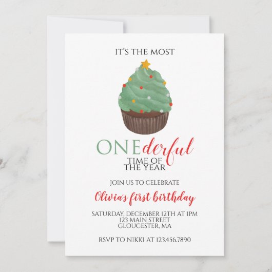 Weihnachtsbaum Cupcake Onederful Erster Geburtstag Einladung (Vorderseite)