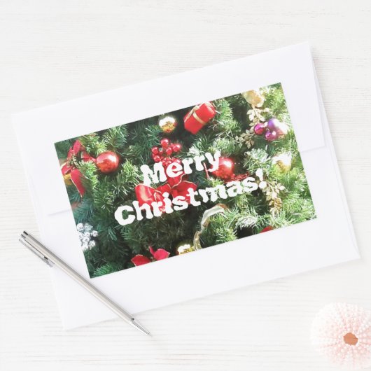 Weihnachtsbaum dekoriert rechteckiger aufkleber (Umschlag)