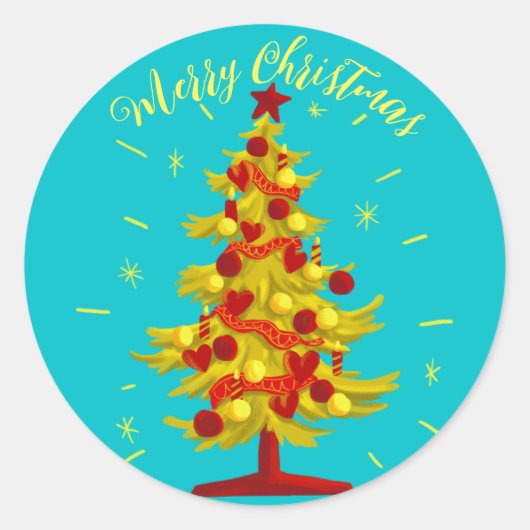 Weihnachtsbaum dekoriert runder aufkleber (Vorderseite)