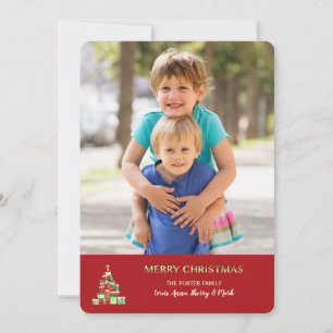 Weihnachtsbaum der Geschenkboxen Fotokarte (rot) Einladung