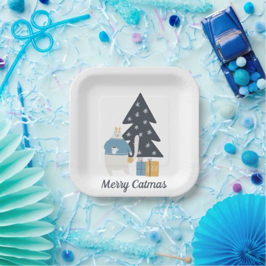 Weihnachtsbaum der weißen Katze Merry Catmas Pappteller (Party)