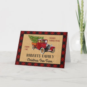 Weihnachtsbaum-Farm Vintage-LKW Rot Kariert Rustik Feiertagskarte