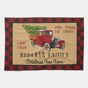 Weihnachtsbaum-Farm Vintage-LKW Rot Kariert Rustik Geschirrtuch