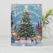 Weihnachtsbaum Feier Winter rustikale Häuser Einladung (Stehend Vorderseite)