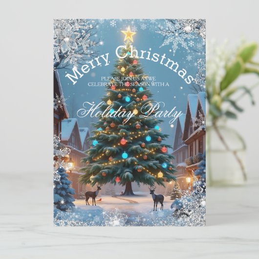 Weihnachtsbaum Feier Winter rustikale Häuser Einladung (Stehend Vorderseite)