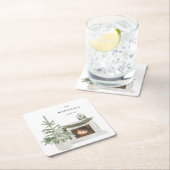 Weihnachtsbaum & Feuerplatz & Name Rechteckiger Pappuntersetzer (Vor Ort)